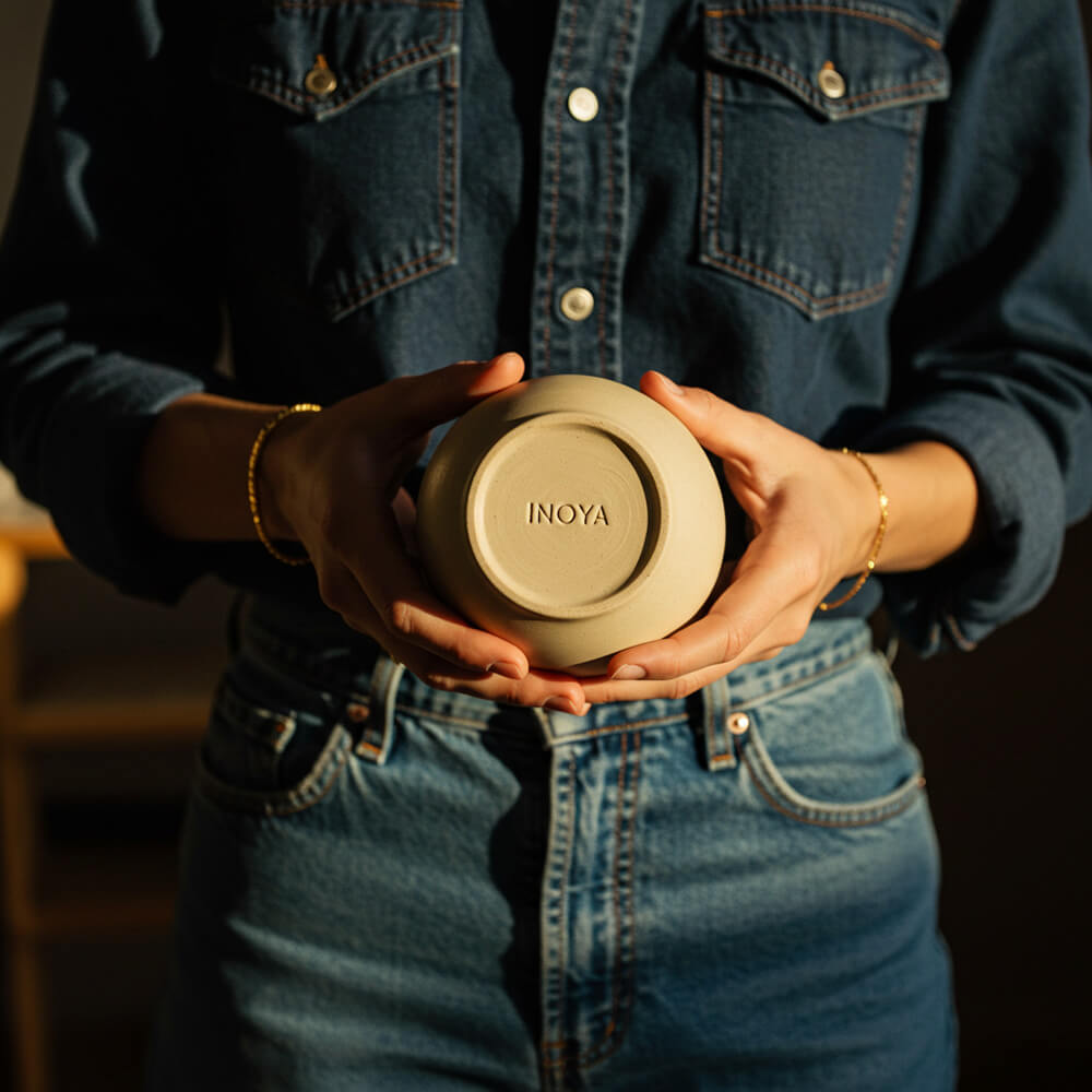 Person in a denim outfit holding a beige handmade ceramic bowl with “INOYA” engraved on the base.