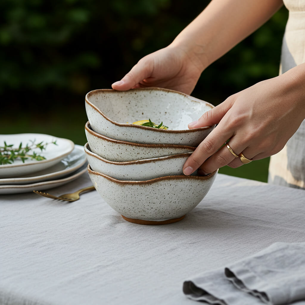 Person stacking Inoya's ceramic bowls on a table outdoors.